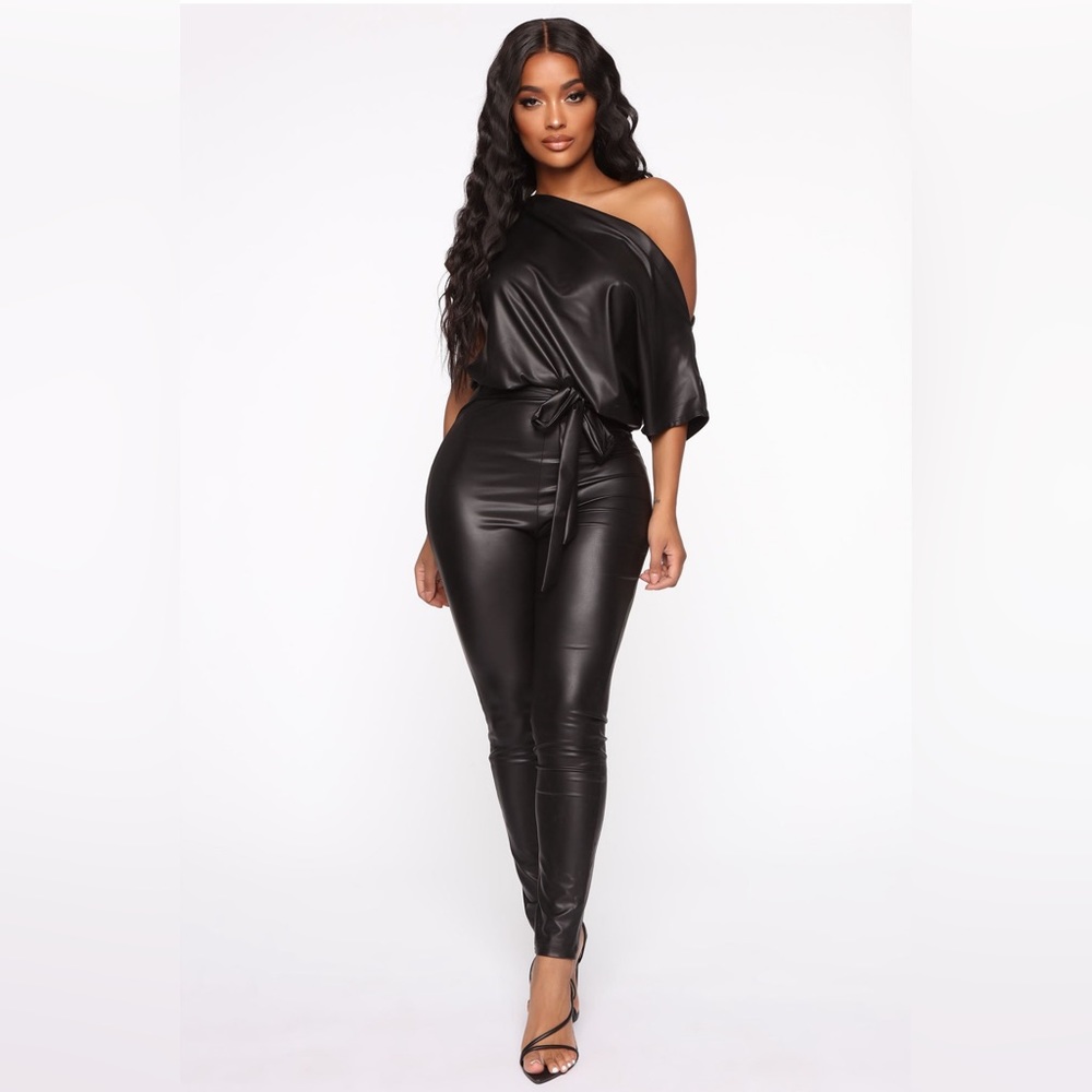 Black NEW leather look off shoulder jumpsuit - large